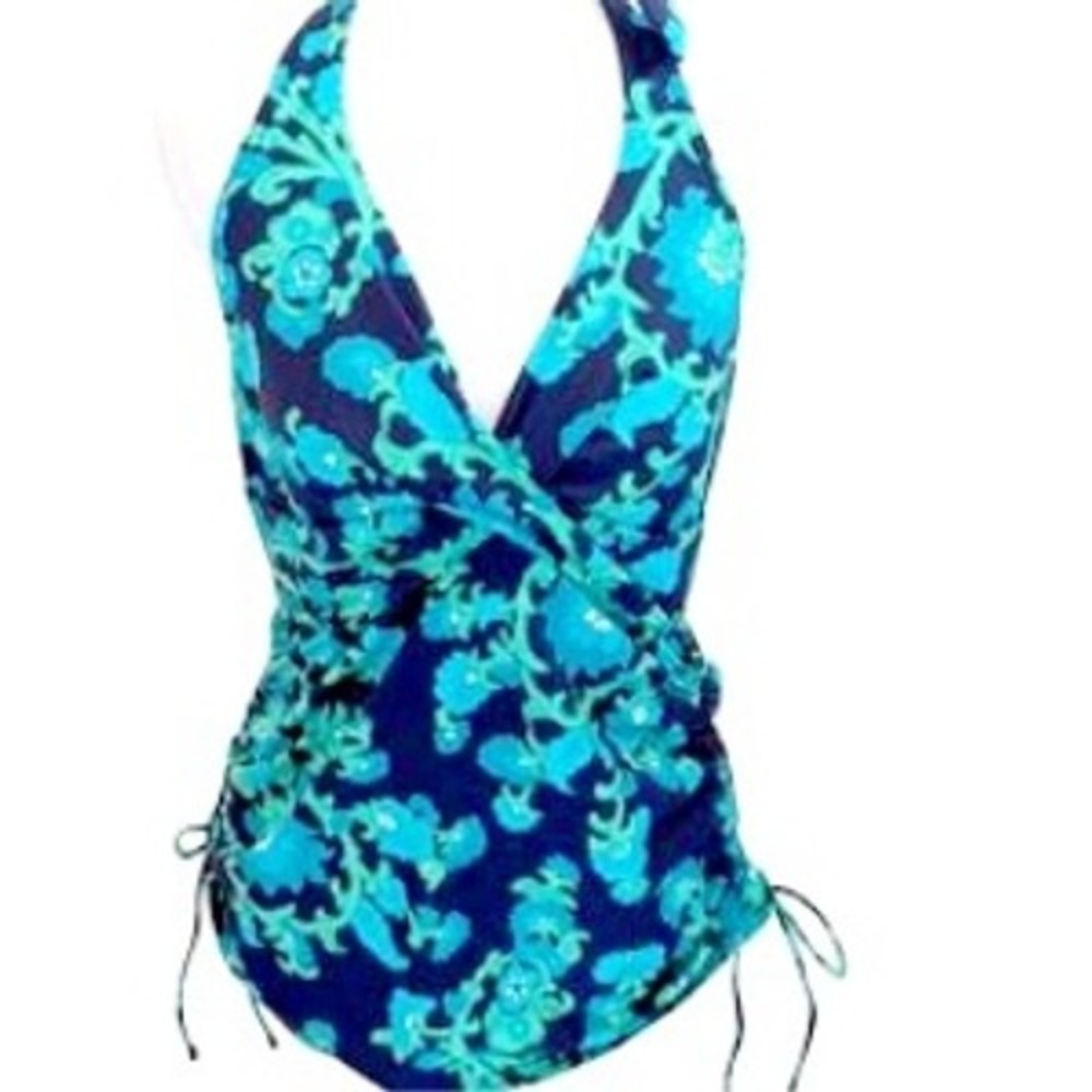 Lands' End Navy Blue & Teal Floral Halter Tie Tankini Swimsuit Top Size 6 426507